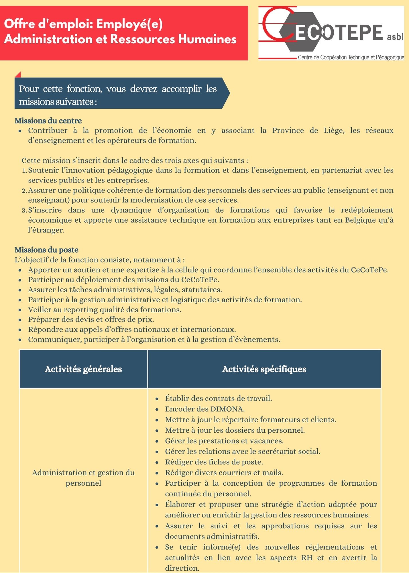 CeCoTePe - Offre d'emploi - Employé.e Administration et Ressources Humaines - P3